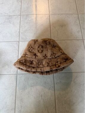 Brown Faux Fur Monogram Bucket Hat